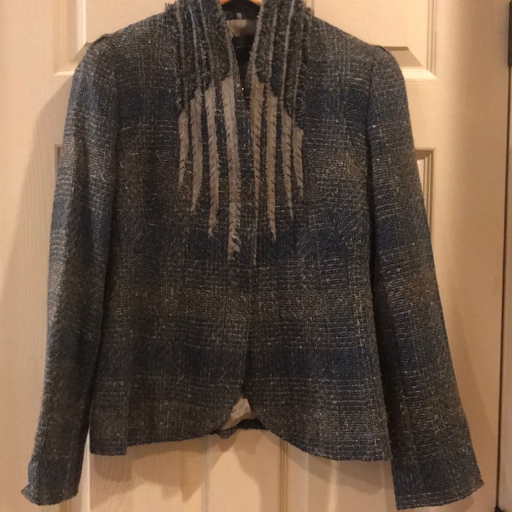 Elie Tahari Blue Tweed Open-Front Blazer